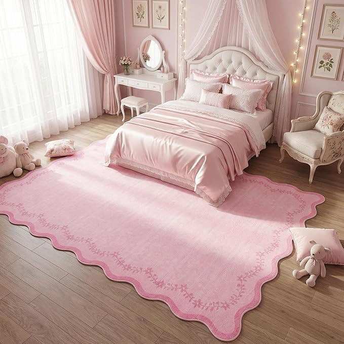 GarveeHome Valentines Scalloped Area Rugs 8x10 for Girls Bedroom, Solid Pink Large Washable Rug Soft Non Slip Backing Floor Mat Carpet Indoor Thin Rug for Living Room Dining Room Playroom Nursery