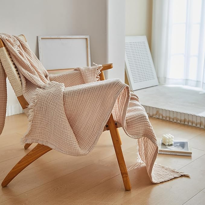 Simple&Opulence Cotton Muslin Throw Blanket 4 Layers for Bed, Couch, Woven Gauze Blanket with Tassels, Soft Lightweight Cozy Pre-Washed Breathable Farmhouse Decoration for All-Season(Light Khaki)