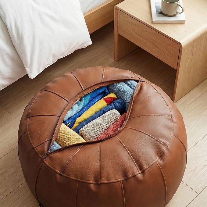 Leather Pouf - 20”Dx12”H, Wash-Free Tech Fabric Pouf Unstuffed Ottoman Moroccan Footstool, Floor Footrest Cushion, Storage Solution, Natural Orange Color Unstuffed Faux Leather Cover (Brown)