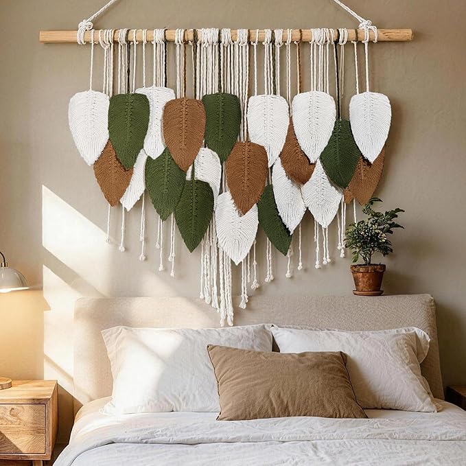 NYEONHRT Large Macrame Wall Hanging Handmade Boho Leaf and Feather Tapestry for Modern Home Decor Perfect Wall Art for Living Room Bedroom Nursery Apartment Backdrop 39x31 Inch (Brown green)