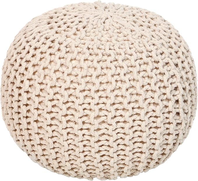 REDEARTH · Round Pouf Ottoman - Cable Knitted Boho Poof - Home Décor Cord Pouffe Handmade Circular Footrest for Living Room - Bedroom - Kids Bedroom - 100% Cotton Pouf (18" x 18" x 14") - Ivory