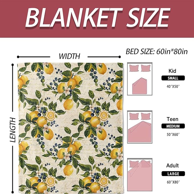 Lemon Botanical Blanket 40×50 Inch,Vintage Hand Drawn Citrus and Blueberry Lightweight Flannel Throw with Script Background,French Country Home Decor,Gifts for Girls,Women