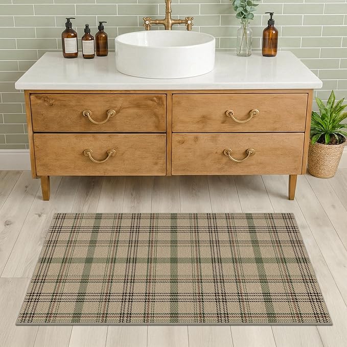 JTJ 2x4 Runner Rug for Bathroom - Small Entry Runner Indoor Door Mat, Non Slip Farmhouse Decor for Kitchen Floor Non Slip Washable, Easy Jute Sage Plaid Decor