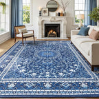 Lofus 9x12 Area Rugs for Living Room, Machine Washable Non-Slip Area Rug, Low Pile Large Rugs for Bedroom, Kitchen, Dining Room, Home Office, Vintage Oriental Print Rug, Dark Blue with White