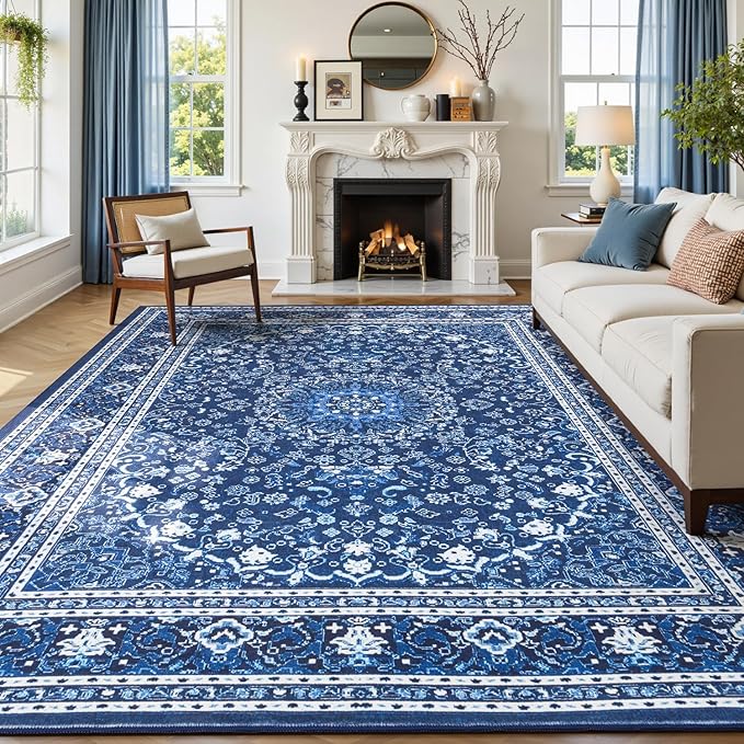 Lofus 9x12 Area Rugs for Living Room, Machine Washable Non-Slip Area Rug, Low Pile Large Rugs for Bedroom, Kitchen, Dining Room, Home Office, Vintage Oriental Print Rug, Dark Blue with White