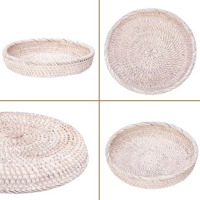 Hipiwe Round Key Bowl for Entryway, 9" Decorative Rattan Tray Woven Wicker Storage Holder Serving Basket Tray for Fruit Snacks Candy, Whitewash