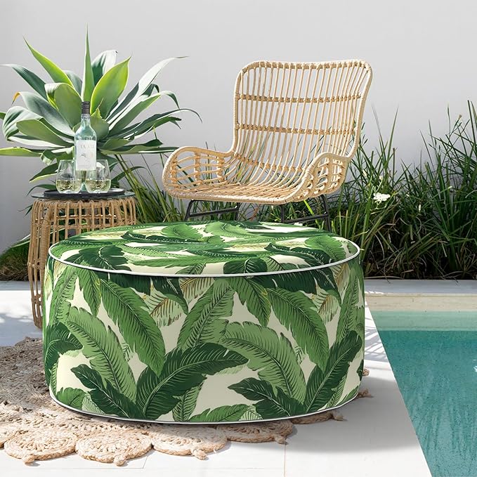 Indoor/Outdoor Inflatable Ottoman, All Weather Ottoman Pouf D31 x H14 inch, Round Foot Rest Portable Footstool for Patio, Garden, Porch, Home, Swaying Palms Green
