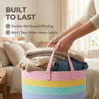 115L Extra Large Blanket Basket for Living Room - Woven Cotton Rope Laundry Hamper with Reinforced Handles - Storage Bin for Pillows, Comforters & Toys - Machine Washable,Rainbow