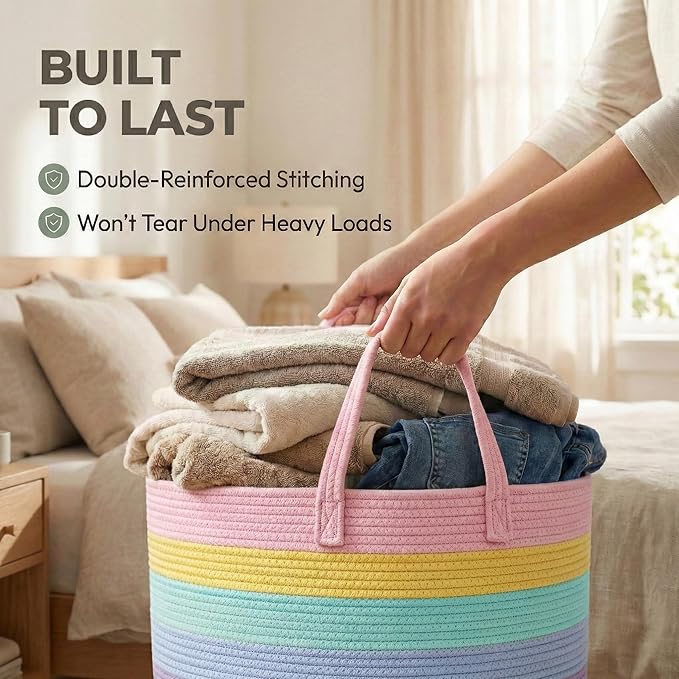 65L Extra Large Blanket Basket for Living Room - Woven Cotton Rope Laundry Hamper with Reinforced Handles - Storage Bin for Pillows, Comforters & Toys - Machine Washable,Rainbow