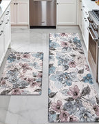 DEXI Kitchen Mats for Floor 2 Piece Set, 17x29+17x59, Cushioned Standing Mat Anti Fatigue, Waterproof Comfort Floral Padded for Laundry Room Office, Pink and Teal