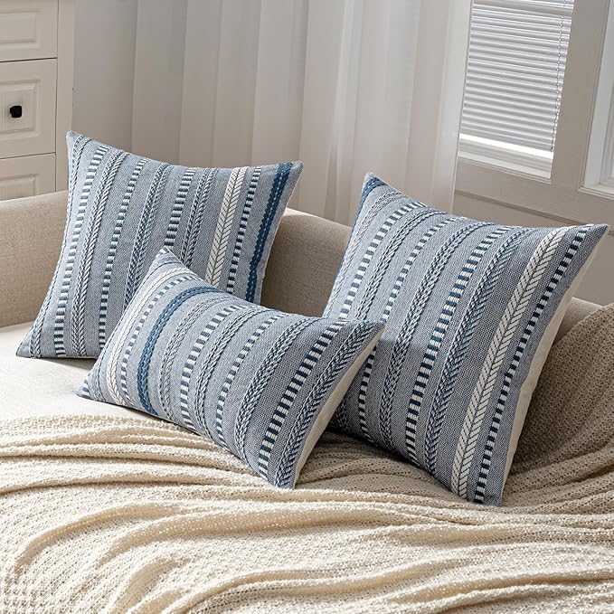 ANRODUO Pack of 2 Boho Throw Pillow Covers 24x24 Inch Farmhouse Decorative Couch Pillow Cases Jacquard Cushion Cover Neutral Accent Pillows of Bed Sofa Bedroom Living Room Home Decor, Navy Blue