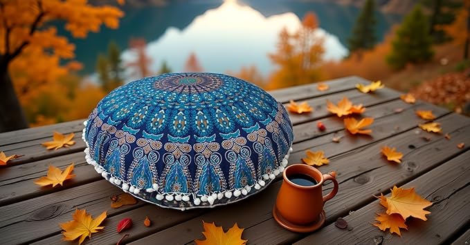ICC Large Hippie Elephant Mandala Floor Pillow Cover - Cushion Cover - Pouf Cover Round Bohemian Yoga Decor Floor Cushion Case- 32" (Green Peacock)