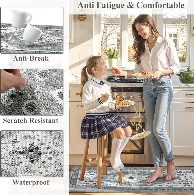 Collive Boho Kitchen Rugs and Mats 2PCS, Cushioned Anti Fatigue Kitchen Mats for Floor Waterproof Non Slip Comfort Foam Standing Mat for Kitchen,Office,Sink,Laundry,17.3''x29''+17.3''x47''