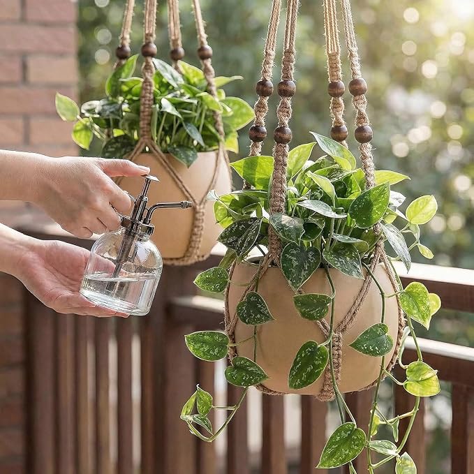 Macrame Plant Hanger 35", Set of 2 No Tassel Hanging Plant Holder, Sturdy Flower Pot Holder with 4 Hooks - Brown