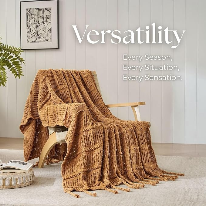 Boho Knitted Chenille Blanket with Tassels - Lightweight & Soft All-Season Throw - 3D Classic Pattern for Living Room Bedroom Couch, Amber Brown, King 90"x108"