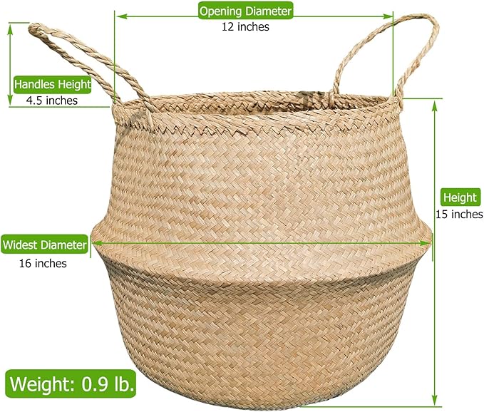 Extra Large Size(16x16x15 inches) Seagrass Belly Basket for Storage, Laundry, Picnic and Woven Straw Beach Bag - Plant Pots Cover Indoor Decorative
