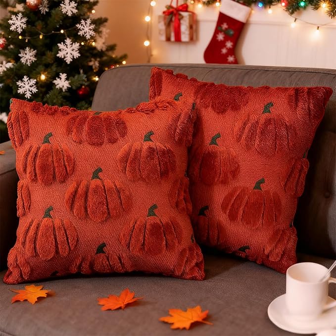 Fall Pumpkin Decorative Throw Pillow Covers 20x20 Set of 2 Pillow Covers, Faux Fur Square Pillow Cover Fluffy Plush Accent Throw Pillow Case, Throw Pillow Cover Cushion Cover for Autumn, Rust Red