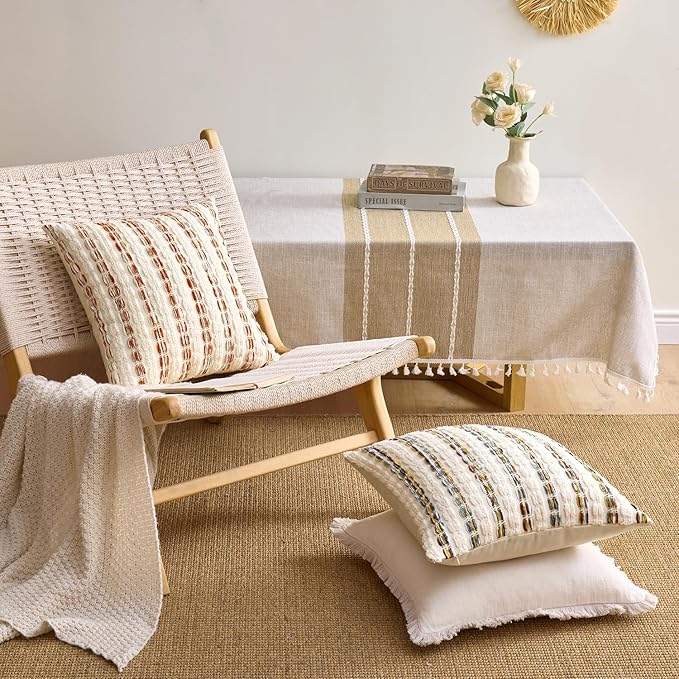 ANRODUO Boho Chenille Pillow Covers with Textured Tufted Stripes 18x18 Inch Set of 2 Woven Decorative Cushion Case Farmhouse Accent Neutral Pillowcase for Couch Sofa Bed Living Room Decor,Orange White