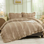 WONGS BEDDING Khaki Comforter Set Queen,3 Pieces Ruffle Farmhouse Shabby Chic Comforter for Queen Bed,Soft Seersucker Textured Boho Bedding Set with 1 Ruffle Comforter,2 Tufted Pillowcases 90"×90"