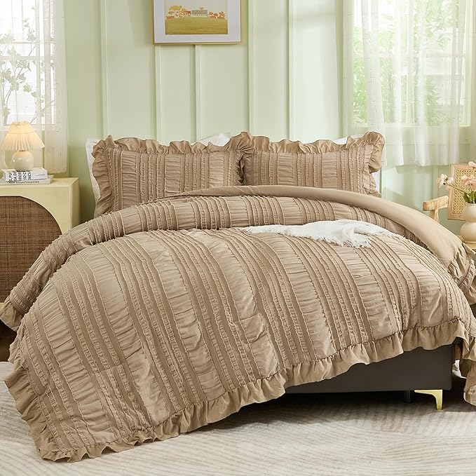 WONGS BEDDING Khaki Comforter Set King,3 Pieces Ruffle Farmhouse Shabby Chic Comforter for King Bed,Soft Textured Boho Bedding Set with 1 Ruffle Comforter,2 Tufted Pillowcases 104"×90"