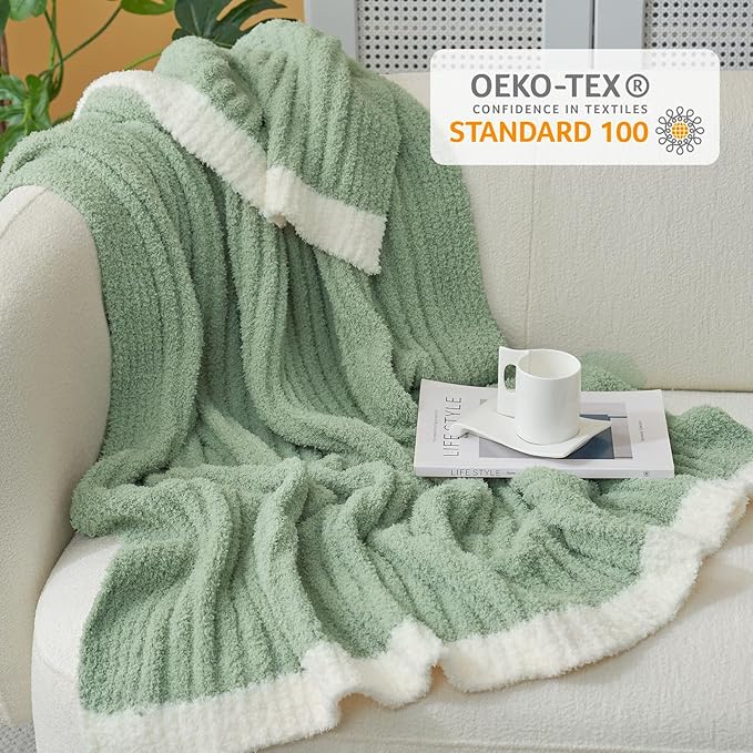 Snuggle Sac Fluffy Ribbed Sage Green Blanket Twin Size, Soft Luxurious Knit Fuzzy Microfiber Blankets for Sofa, Bed, Sage Green, 60x80 inches
