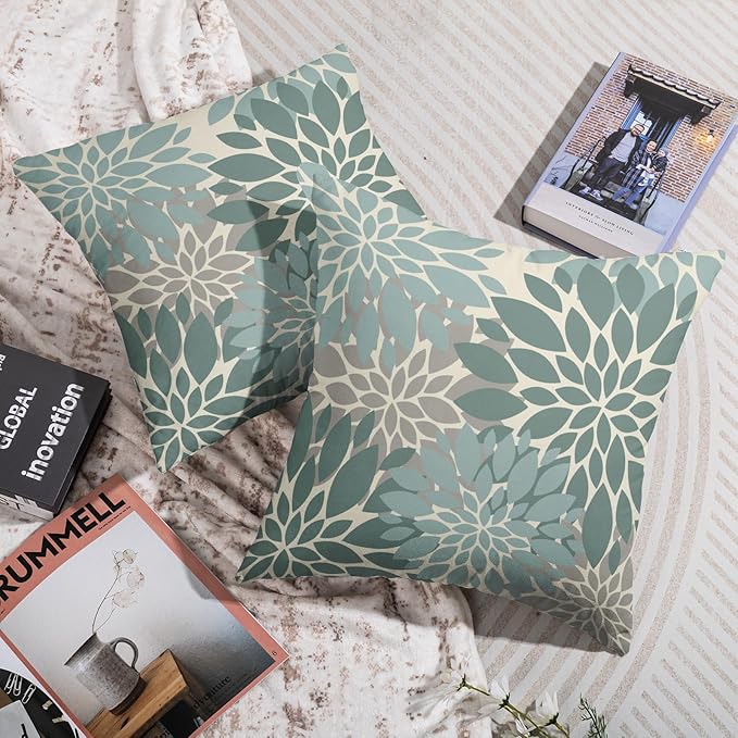 Aqua Blue Pillow Covers 24X24 Inch Set of 2, Dahlia Flower Spring Summer Floral Cream Decorative Throw Pillow Covers Outdoor Modern Farmhouse Cushion Case for Home Couch Sofa Bed Decor