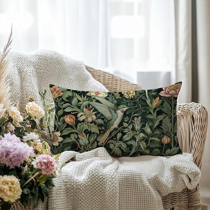 Vintage William Morris Hummingbird Pillow Cover 20x12,Rustic Green Hummingbird Bird Animal Floral Botanical Print Decorative Throw Pillow Covers for Home Bedroom Living Room