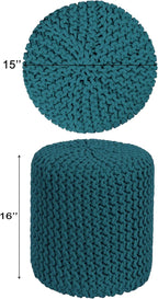 COTTON CRAFT Braided Round Pouf - Hand Knitted Cotton Cord Cable Dori Cylindrical Ottoman - Foot Stool - Floor Pouf - Footrest - Accent Seat - Living Room Bedroom Dorm Décor - 15 Round x 16 H - Teal