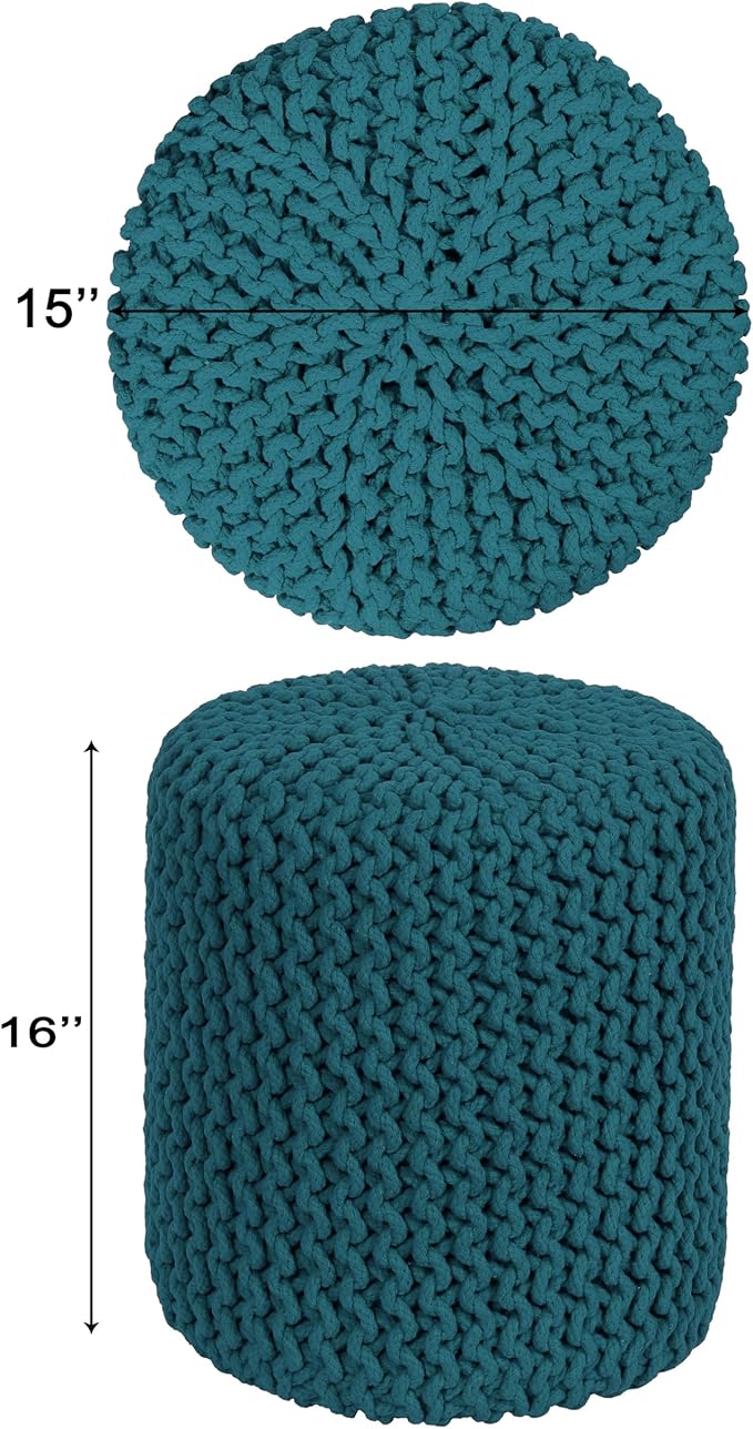 COTTON CRAFT Braided Round Pouf - Hand Knitted Cotton Cord Cable Dori Cylindrical Ottoman - Foot Stool - Floor Pouf - Footrest - Accent Seat - Living Room Bedroom Dorm Décor - 15 Round x 16 H - Teal
