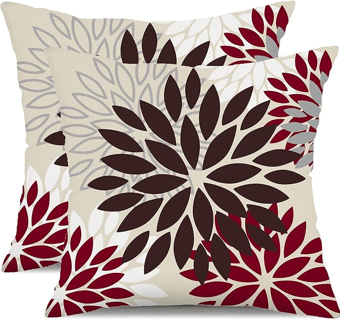 DFXSZ Red Brown Flower Pillow Covers 18x18 Inch Set of 2 White Gray Colored Throw Pillows Outdoor Waterproof Decor for Living Room Sofa Patio Funiture Garden Floral Polyester Pillow Covers 002L18