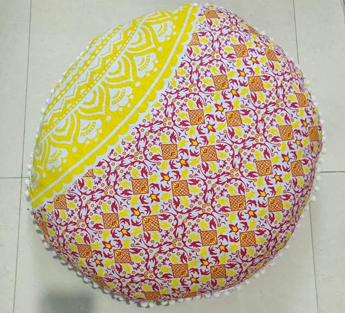 24" Yellow Orange Ombre Mandala Barmeri Large Floor Pillow Cover Cushion Meditation Seating Ottoman Throw Cover Hippie Decorative Zipped Bohemian Pouf Ottoman Pom Pom Cases 24 " round