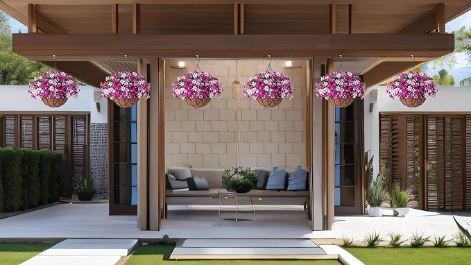Artificial Flowers with Hanging Planter for Outdoor Decor, Faux Silk Daisy UV Resistant Plants in Basket for Indoor Porch Garden Yard Spring Summer Decor(Violet)