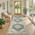 Hallway Runner Rug Non Slip - Washable 2.6x8 Kitchen Rugs for Living Room, Low-Pile Soft Bedroom Rug Indoor Floor Stain Resistant Carpets for Entryway, Laundry, Bathroom Green Ivory