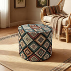 Pouf Ottoman Footrest Boho Embroidered Stuffed Round Pouf, 20" Tribal Geometric Accent Decor, Removable Cover & Firm Foam, Multifunctional, for Living Room Bedroom Vanity, Teal & Rust