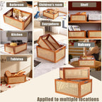 Rattan Storage Baskets Set, Wooden Frame with Woven Cane Design, Nesting Organizer Bins for Living room Bedroom Bathroom Kitchen Shelf, Set of 2