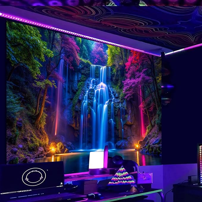 Miytal Blacklight Waterfall Tapestry - UV Reactive Glow in the Dark Neon Forest Wall Hanging, Vibrant Nature Landscape Wonderland for Bedroom, Living Room Decor - 51.2" x 59.1"