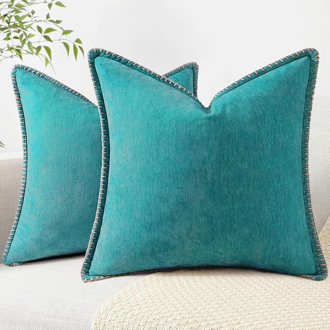 decorUhome Summer Chenille Soft Cozy Throw Pillow Covers 26x26 Set of 2, Modern Farmhouse Boho Velvet Decorative Euro Sham Pillow Cases with Stitched Edge for Couch Sofa Bed Home Decor, Turquoise
