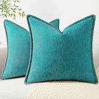 decorUhome Summer Chenille Soft Cozy Throw Pillow Covers 20x20 Set of 2, Modern Farmhouse Boho Velvet Decorative Pillow Cases with Stitched Edge for Couch Sofa Bed Home Decor, Turquoise