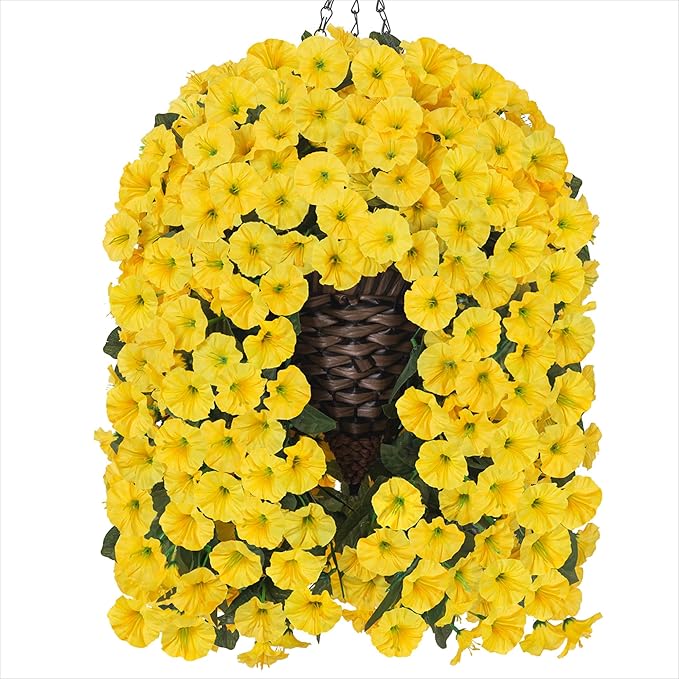 HyeFlora Artificial Fake Hanging Flowers Plants Baskets for Outdoor Outside, Faux Silk Yellow Morning Glory Flowers UV Resistant Look Real Hanging Planter for Home Porch Patio Balcony Yard Decor