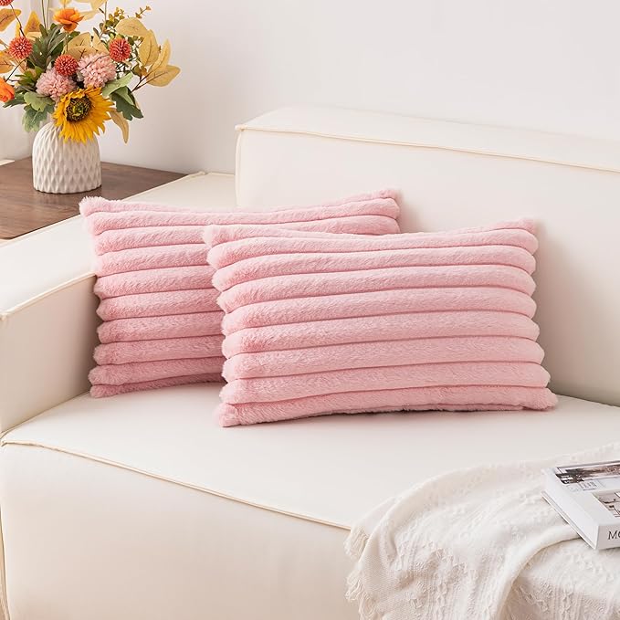 Pack of 2 Faux Fur Christmas Throw Pillow Covers 12x20 Inch, Soft Plush Striped Neutral Couch Pillow Cover, with Velvet Back Modern Home Decor for Sofa Living Room Couch Bed Pink