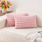 Pack of 2 Faux Fur Christmas Throw Pillow Covers 12x20 Inch, Soft Plush Striped Neutral Couch Pillow Cover, with Velvet Back Modern Home Decor for Sofa Living Room Couch Bed Pink