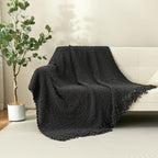Throw Blanket for Couch, Dark Grey Luxury Knitted Throws 50"x60", Textured Blankets with Handmade Fringe Tassels for Bed Sofa Decorative, Chunky Soft Farmhouse Boho Home Decor