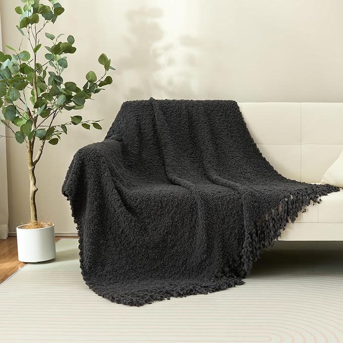 Throw Blanket for Couch, Dark Grey Luxury Knitted Throws 50"x60", Textured Blankets with Handmade Fringe Tassels for Bed Sofa Decorative, Chunky Soft Farmhouse Boho Home Decor