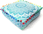 CRAFT KALA Green Ombre Large Hippie Mandala Meditation Floor Ottoman Pillow Cushion Pouf Cover Square Poufs Bohemian Circle Floor Cushion Case Outdoor Fireplace Yoga Living Room Decor Cover 18" Square