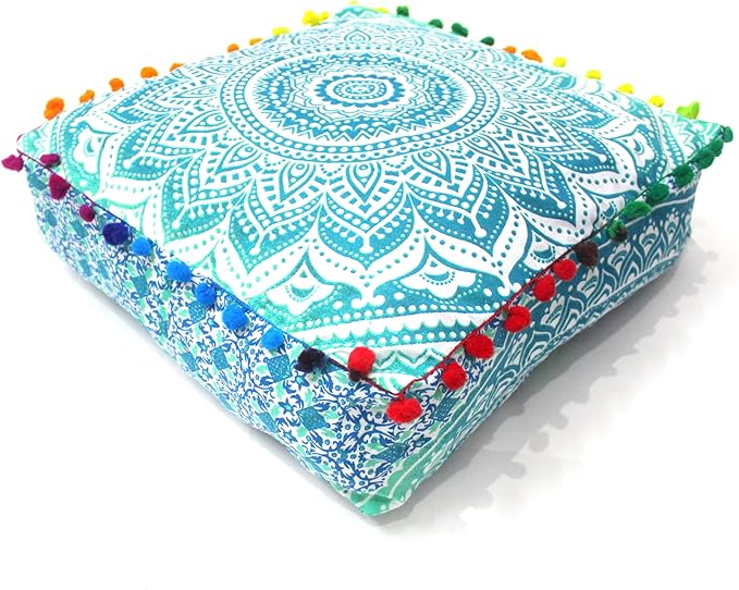 CRAFT KALA Green Ombre Large Hippie Mandala Meditation Floor Ottoman Pillow Cushion Pouf Cover Square Poufs Bohemian Circle Floor Cushion Case Outdoor Fireplace Yoga Living Room Decor Cover 16" Square