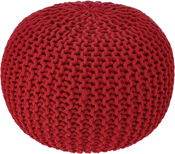 · REDEARTH · Round Pouf Ottoman - Hand Knitted Cable Boho Poof - Foot Stool Bean Bag - Home Décor Stuffed Footrest for Living Room - Nursery - Bedroom - 100% Cotton Poufs (19.5"x19.5"x14") - Red