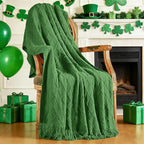 inhand Green Knitted Throw Blanket for Couch and Bed, St. Patrick’s Day Lucky Spring Gifts Throw for Her or Him, Soft Farmhouse Woven Blanket with Tassel, Lightweight Decorative, 60"x80"