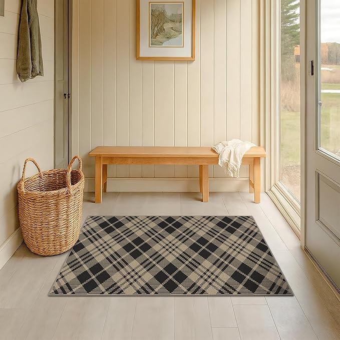 JTJ Vintage Indoor Entrance 2x4 Runner Rug - Easy Jute Woven Throw Rug for Indoor Outdoor Area, Non Slip Washable Kitchen Mat, Low Pile Black and White Geometric Aesthetic Decor