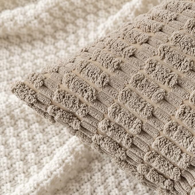 MIULEE Pack of 2 Corduroy Decorative Euro Sham Throw Pillow Covers 24x24 Inch Soft Boho Striped Pillow Covers Modern Farmhouse Home Decor for Sofa Living Room Couch Bed Light Brown