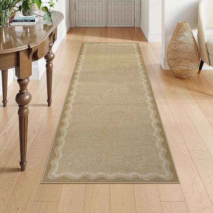 LIVEBOX Scalloped Washable 2x6 Kitchen Runner Rug, Easy Jute Geometric Tan Rug for Entryway, Indoor Outdoor Non Slip Rugs Farmhouse Modern Carpet Door Mat for Porch Bedroom Laundry Room Hallway